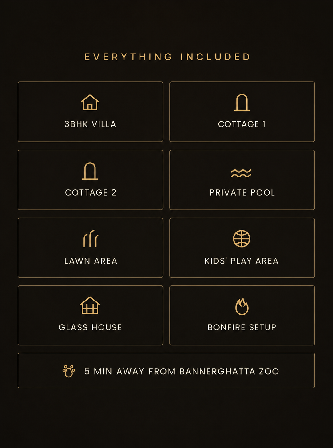 Everything included at RK9: 3BHK villa, two cottages, private pool, lawn, kids play area, Glass House, bonfire and five-minute proximity to Bannerghatta Zoo